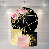 Aperturee Pink Flower Gold Black Happy Birthday Circle Backdrop